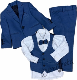 Официален детски костюм за момче от 5 части в кралско синьо - сако, панталон, риза, елек с един ред копчета и папийонка от колекция Кралина