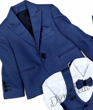 Официален детски костюм за момче от 5 части в кралско синьо - сако, панталон, риза, елек с един ред копчета и папийонка от колекция Кралина