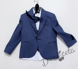 Официален детски костюм за момче от 5 части в кралско синьо - сако, панталон, риза, елек с един ред копчета и папийонка от колекция Кралина