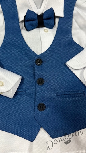 Официален детски костюм за момче от 5 части в кралско синьо - сако, панталон, риза, елек с един ред копчета и папийонка от колекция Кралина