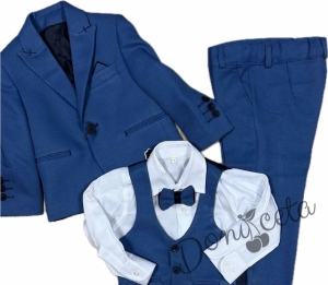 Официален детски костюм за момче от 5 части в кралско синьо - сако, панталон, риза, елек с един ред копчета и папийонка от колекция Кралина