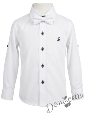 Официален детски костюм за момче от 4 части - сако в бяло, риза в бяло, панталон и папийонка в бяло