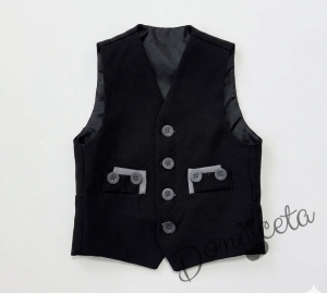 Официален костюм за момче от 5 части - светлосиньо сако, бяла риза с дълъг ръкав ,черен елек, черен панталон и папийонка