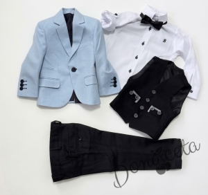 Официален костюм за момче от 5 части - светлосиньо сако, бяла риза с дълъг ръкав ,черен елек, черен панталон и папийонка