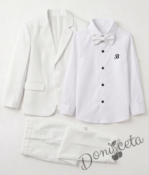 Официален детски костюм за момче от 4 части - сако в бяло, риза в бяло, панталон и папийонка в бяло