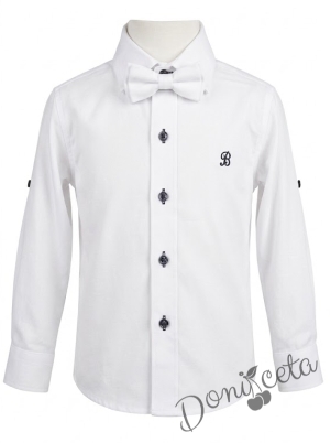 Официален детски костюм за момче от 4 части - сако в бяло, риза в бяло, панталон и папийонка в бяло