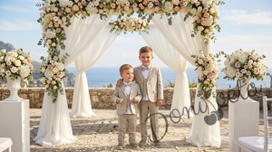 Официален гладък костюм за момче от 5 части  Алекс в бежово - риза в бяло със сако, елек, панталон и папийонка в бежово  от колекция Бежина