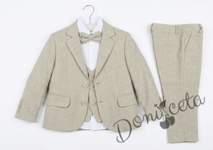 Официален гладък костюм за момче от 5 части  Алекс в бежово - риза в бяло със сако, елек, панталон и папийонка в бежово  от колекция Бежина