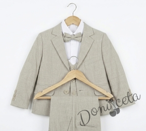 Официален гладък костюм за момче от 5 части  Алекс в бежово - риза в бяло със сако, елек, панталон и папийонка в бежово  от колекция Бежина