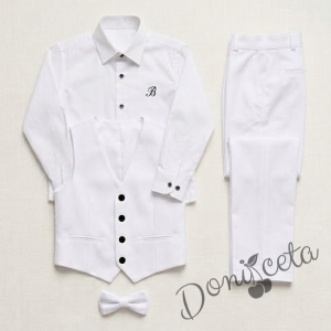 Официален костюм за момче с елек в бяло с едноредово закопчаване, риза в бяло, панталон в бял цвят и папийонка