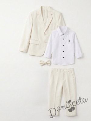 Официален детски костюм за момче от 4 части - сако в екрю , риза в бяло, панталон и папийонка в екрю