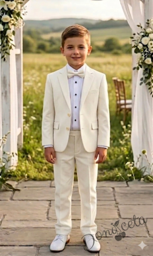 Официален детски костюм за момче от 4 части - сако в екрю , риза в бяло, панталон и папийонка в екрю