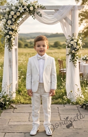 Официален детски костюм за момче от 4 части - сако в екрю , риза в бяло, панталон и папийонка в екрю