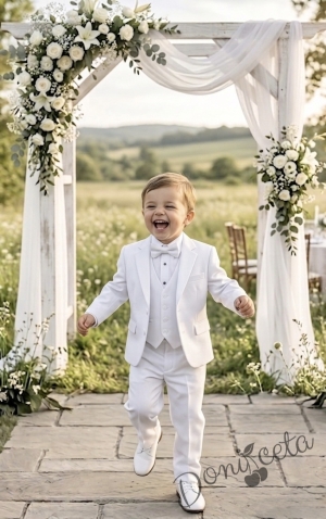 Официален детски костюм за момче от 5 части - сако с елек в бяло , риза в бяло, панталон и папийонка в бяло