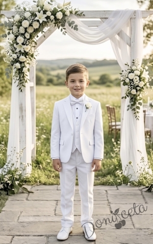 Официален детски костюм за момче от 5 части - сако с елек в бяло , риза в бяло, панталон и папийонка в бяло