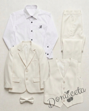 Официален детски костюм за момче от 5 части - сако с елек в екрю , риза в бяло, панталон и папийонка в екрю