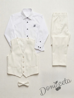 Официален детски костюм за момче от 5 части - сако с елек в екрю , риза в бяло, панталон и папийонка в екрю