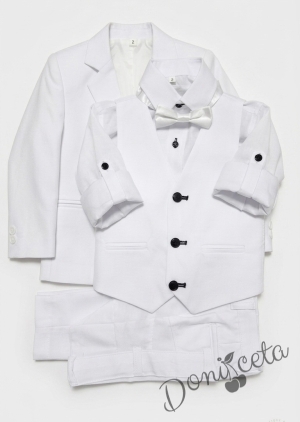 Официален детски костюм за момче от 5 части - сако с елек в бяло , риза в бяло, панталон и папийонка в бяло
