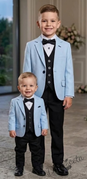 Официален костюм за момче от 5 части - светлосиньо сако, бяла риза с дълъг ръкав ,черен елек, черен панталон и папийонка