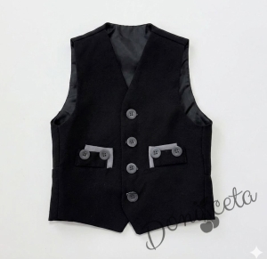 Официален костюм за момче от 5 части - светлосиньо сако, бяла риза с дълъг ръкав ,черен елек, черен панталон и папийонка