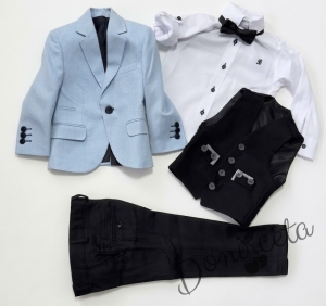Официален костюм за момче от 5 части - светлосиньо сако, бяла риза с дълъг ръкав ,черен елек, черен панталон и папийонка