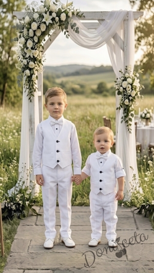 Официален детски костюм за момче от 5 части - сако с елек в бяло , риза в бяло, панталон и папийонка в бяло