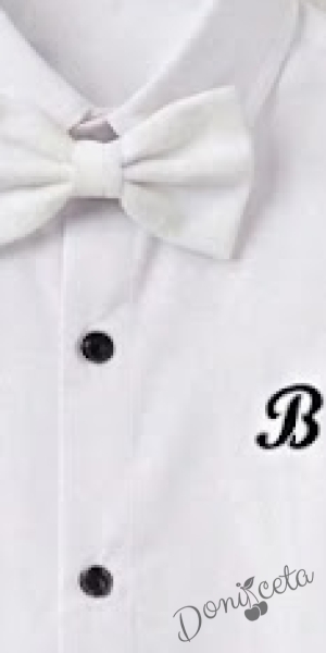 Официален детски костюм за момче от 5 части - сако с елек в бяло , риза в бяло, панталон и папийонка в бяло