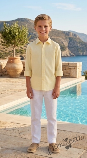 Детска риза за момче с дълъг ръкав в жълто с яка 