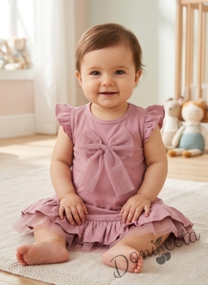 Детска рокля с къс ръкав в пепел от рози с къдрички и панделка