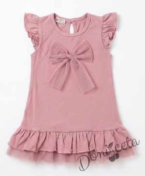 Детска рокля с къс ръкав в пепел от рози с къдрички и панделка