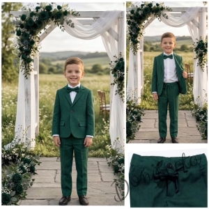 Спортно-елегантен костюм Тери за момче от 4 части в зелено- риза в бяло, сако с джобове, панталон  с връзки и папийонка  от колекция Зелениада