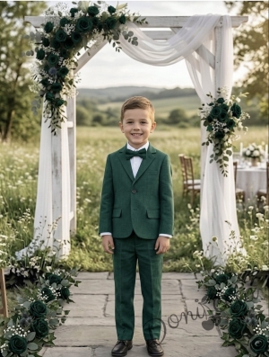 Спортно-елегантен костюм Тери за момче от 4 части в зелено- риза в бяло, сако с джобове, панталон  с връзки и папийонка  от колекция Зелениада