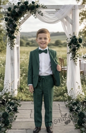 Спортно-елегантен костюм Тери за момче от 4 части в зелено- риза в бяло, сако с джобове, панталон  с връзки и папийонка  от колекция Зелениада