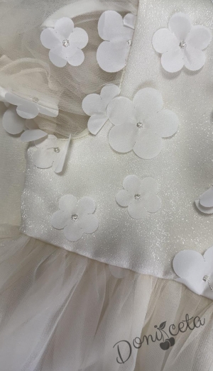 Нежна детска рокля с 3D цветя и тюл в бежово с къс ръкав