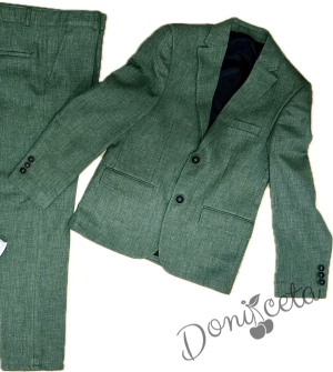 Официален детски костюм за момче от 5 части в зелено - сако, панталон, риза, елек с един ред копчета и папийонка4