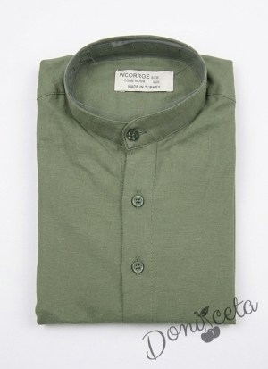 Детски комплект за момче от 2 части-риза с дълъг ръкав в бежово без яка и панталон в бяло