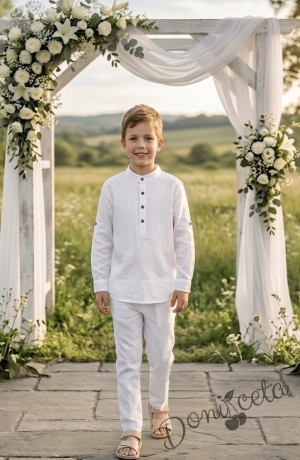 Детски комплект за момче от 2 части-риза с дълъг ръкав в бяло без яка и панталон в бяло