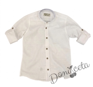 Детски комплект за момче от 2 части-риза с дълъг ръкав в бяло без яка с копчета до долу и панталон в бежово