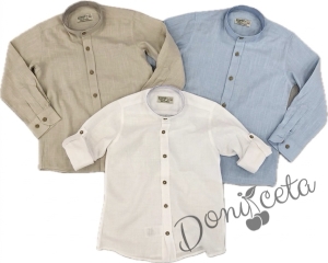 Детски комплект за момче от 2 части-риза с дълъг ръкав в бяло без яка с копчета до долу и панталон в бежово