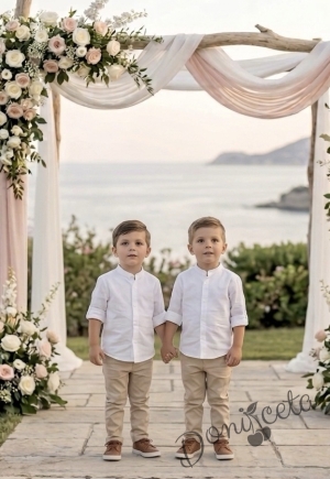 Детски комплект за момче от 2 части-риза с дълъг ръкав в бяло без яка и панталон в бежово