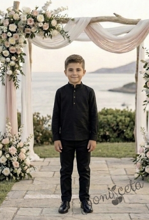 Детски комплект за момче от 2 части-риза с дълъг ръкав в черно  без яка с копчета в бежово и панталон в черно