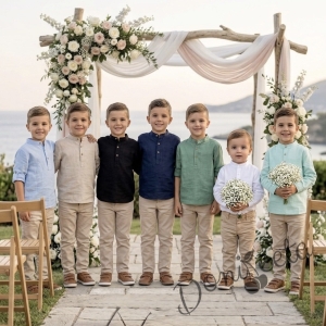 Детски комплект за момче от 2 части-риза с дълъг ръкав в черно  без яка с копчета в бежово и панталон в черно