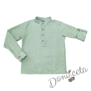 Детски комплект за момче от 2 части-риза с дълъг ръкав в тюркоаз без яка с копчета в бежово и панталон в бежово