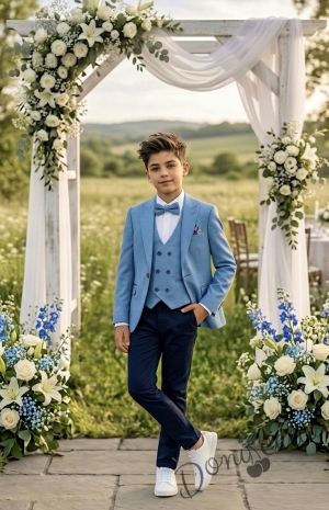 Официален детски костюм за момче от 5 части със сако в синьо и спортно-елегантен панталон в тъмносиньо