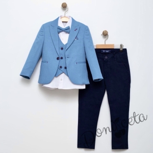 Официален детски костюм за момче от 5 части със сако в синьо и спортно-елегантен панталон в тъмносиньо