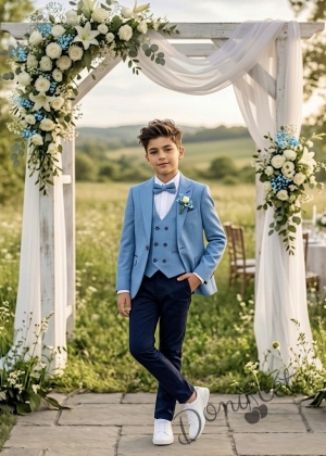 Официален детски костюм за момче от 5 части със сако в синьо и спортно-елегантен панталон в тъмносиньо