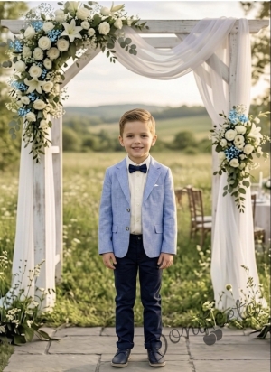 Спортно-елегантен костюм Concept за момче от 4 части - сако в светлосиньо, риза в бяло, панталон и папийонка