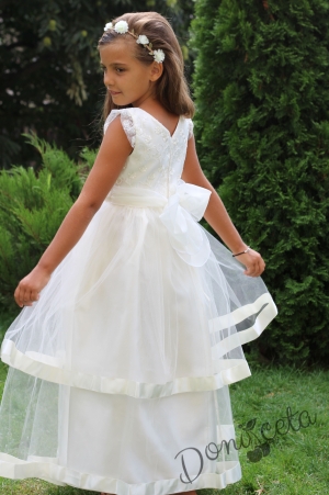 Официална детска дълга рокля в лилаво, бяло, екрю и розово