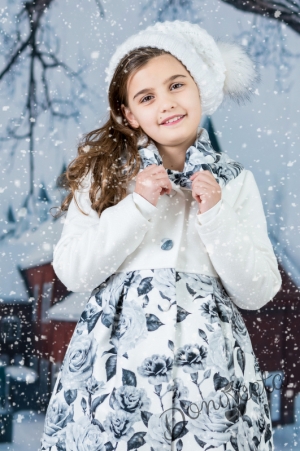 Детско палто за момиче в бяло на цветя в сиво