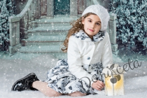 Детско палто за момиче в бяло на цветя в сиво